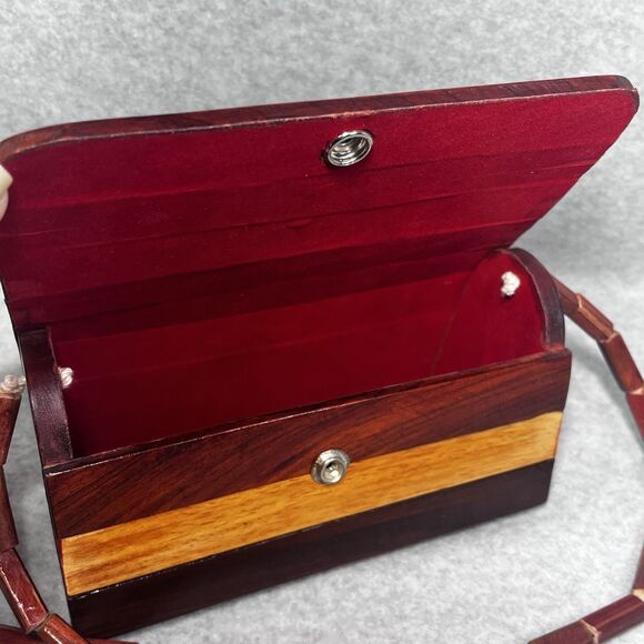 Vintage 70s Wooden Slat Shoulder Bag Small Size Two Tone Lined Snap Button Boho - Picture 6 of 15